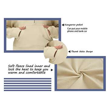 Origiwish Women's Hoodies Fleece Lined Half Zip Pullover Sweatshirt Long Sleeve Crop Tops with Pockets Thumb Hole Khaki