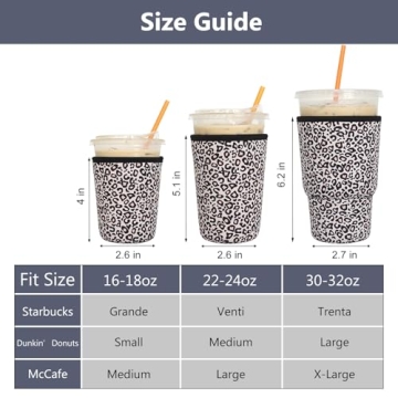 3 Pack Reusable Iced Coffee Sleeves - Xumbtvs Insulator for Cold Beverages, Neoprene Cup Holder for Starbucks/Dunkin Coffee, More (Leopard print)