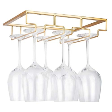 FOMANSH Wine Glass Rack - Under Cabinet Stemware Wine Glass Holder Glasses Storage Hanger Metal Organizer for Bar Kitchen Gold