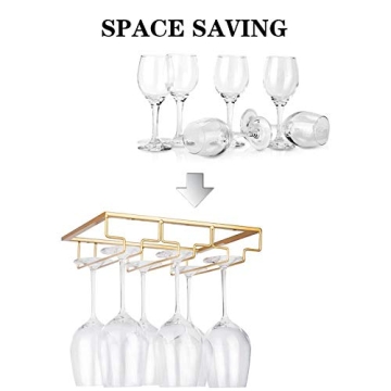 FOMANSH Wine Glass Rack - Under Cabinet Stemware Wine Glass Holder Glasses Storage Hanger Metal Organizer for Bar Kitchen Gold
