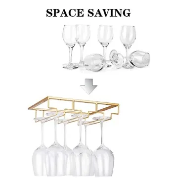 FOMANSH Wine Glass Rack - Under Cabinet Stemware Wine Glass Holder Glasses Storage Hanger Metal Organizer for Bar Kitchen Gold