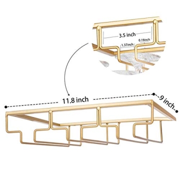 FOMANSH Wine Glass Rack - Under Cabinet Stemware Wine Glass Holder Glasses Storage Hanger Metal Organizer for Bar Kitchen Gold