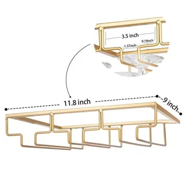 FOMANSH Wine Glass Rack - Under Cabinet Stemware Wine Glass Holder Glasses Storage Hanger Metal Organizer for Bar Kitchen Gold
