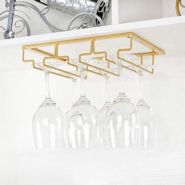 FOMANSH Wine Glass Rack - Under Cabinet Stemware Wine Glass Holder Glasses Storage Hanger Metal Organizer for Bar Kitchen Gold