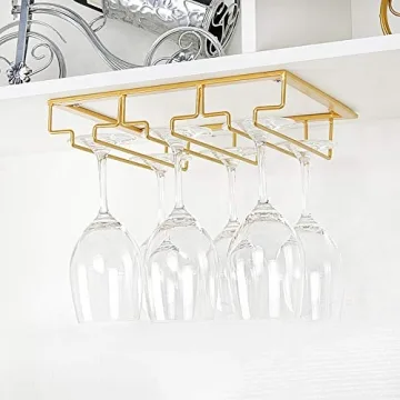 FOMANSH Wine Glass Rack - Under Cabinet Stemware Wine Glass Holder Glasses Storage Hanger Metal Organizer for Bar Kitchen Gold