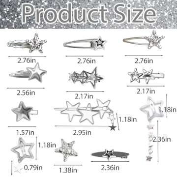 20pcs Silver Hair Clips for Women,Y2K Star Hair Clips,Metal Barrettes 12 Shapes Pentagram Bobby Pin for Girls Styling Star Hairpin Cool Hairpin Set