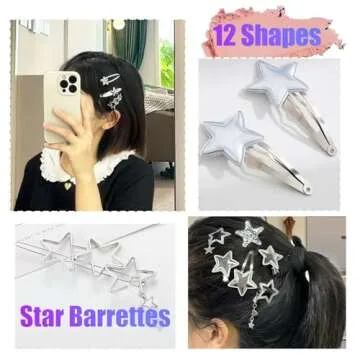 20pcs Silver Hair Clips for Women,Y2K Star Hair Clips,Metal Barrettes 12 Shapes Pentagram Bobby Pin for Girls Styling Star Hairpin Cool Hairpin Set