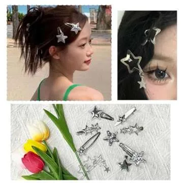20pcs Silver Hair Clips for Women,Y2K Star Hair Clips,Metal Barrettes 12 Shapes Pentagram Bobby Pin for Girls Styling Star Hairpin Cool Hairpin Set