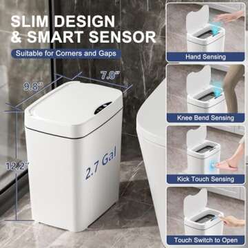 Vanpopubs 2 Pack 2.7 Gal Bathroom Trash Can with Lid, Small Smart Automatic Touchless Garbage Can, Slim Motion Sensor Waterproof Plastic Trash Bin for Bedroom Office Kitchen Dorm Toilet