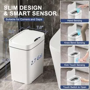 Vanpopubs 2 Pack 2.7 Gal Bathroom Trash Can with Lid, Small Smart Automatic Touchless Garbage Can, Slim Motion Sensor Waterproof Plastic Trash Bin for Bedroom Office Kitchen Dorm Toilet