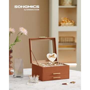 SONGMICS Jewelry Box with Glass Lid, 3-Layer Jewelry Organizer, 2 Drawers, for Big and Small Jewelry...