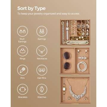 SONGMICS Jewelry Box with Glass Lid, 3-Layer Jewelry Organizer, 2 Drawers, for Big and Small Jewelry, Jewelry Storage, Modern Style, 8 x 9.1 x 5.3 Inches, Caramel Brown and Gold Color UJBC239K01
