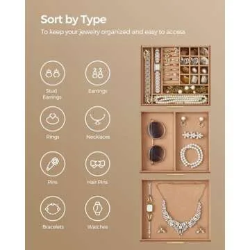 SONGMICS Jewelry Box with Glass Lid, 3-Layer Jewelry Organizer, 2 Drawers, for Big and Small Jewelry, Jewelry Storage, Modern Style, 8 x 9.1 x 5.3 Inches, Caramel Brown and Gold Color UJBC239K01