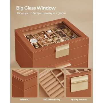 SONGMICS Jewelry Box with Glass Lid, 3-Layer Jewelry Organizer, 2 Drawers, for Big and Small Jewelry, Jewelry Storage, Modern Style, 8 x 9.1 x 5.3 Inches, Caramel Brown and Gold Color UJBC239K01