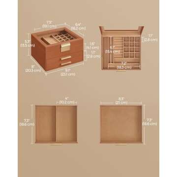 SONGMICS Jewelry Box with Glass Lid, 3-Layer Jewelry Organizer, 2 Drawers, for Big and Small Jewelry, Jewelry Storage, Modern Style, 8 x 9.1 x 5.3 Inches, Caramel Brown and Gold Color UJBC239K01