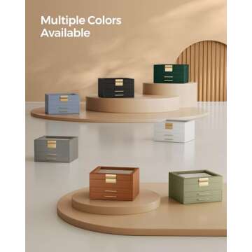 SONGMICS Jewelry Box with Glass Lid, 3-Layer Jewelry Organizer, 2 Drawers, for Big and Small Jewelry, Jewelry Storage, Modern Style, 8 x 9.1 x 5.3 Inches, Caramel Brown and Gold Color UJBC239K01