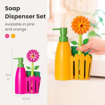 Vigar Flower Power Kitchen Soap Dispenser Set, Dish Soap Dispenser with Sponge Caddy and Dish Brush, Perfect Kitchen Sink Caddy, Orange, Green