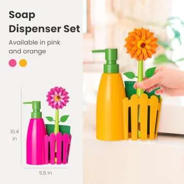 Vigar Flower Power Kitchen Soap Dispenser Set, Dish Soap Dispenser with Sponge Caddy and Dish Brush, Perfect Kitchen Sink Caddy, Orange, Green