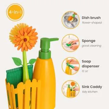 Vigar Flower Power Kitchen Soap Dispenser Set, Dish Soap Dispenser with Sponge Caddy and Dish Brush, Perfect Kitchen Sink Caddy, Orange, Green