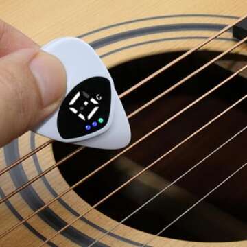 2 in 1 Guitar Tuner and Guitar Pick, Digital Guitar Pick with LED Screen Display, 0.6mm Guitar Pick Plectrum with 12 Equal Temperaments Musical Note, Efficient Tuning, Perfect Guitars Gifts (2Pcs)