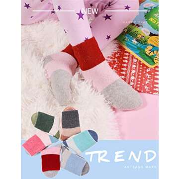 ANTSANG Kids Merino Wool Hiking Socks Toddlers Boys Girls Winter Warm Thick Thermal Crew Boot Heavy Cozy Snow Cabin Gift Snowboarding Socks 6 Pairs for Childs(Mix Color B,1-3 Y)