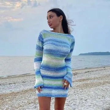 Women Crochet Knit Dress Hollow Out Swimsuit Cover Ups Low Cut Halter Beach Dresses Sundress(I Stripes Blue,M)