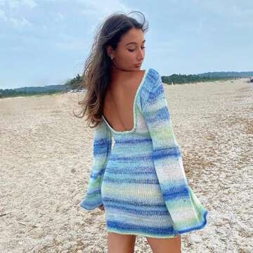 Women Crochet Knit Dress Hollow Out Swimsuit Cover Ups Low Cut Halter Beach Dresses Sundress(I Stripes Blue,M)