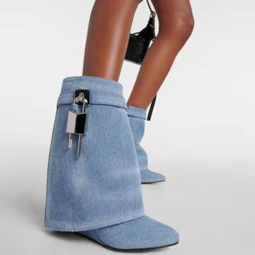 Arqa Fold Over Boots for Women Almond Toe Covered Wedge Heel Padlock Mid Calf Boot Metal Lock Pull-o...