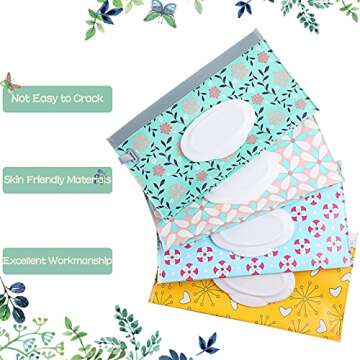 FEBSNOW 4 Pack Baby Wipe Dispenser, Portable Refillable Wipe Holder, Baby Wipes Container, Wipe Dispenser, Reusable Travel Wet Wipe Pouch (Floral)
