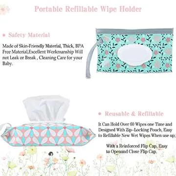 FEBSNOW 4 Pack Baby Wipe Dispenser, Portable Refillable Wipe Holder, Baby Wipes Container, Wipe Dispenser, Reusable Travel Wet Wipe Pouch (Floral)