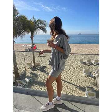 Ailoqing 2 Piece Outfits for Women Summer Oversized V Neck T Shirt Biker Short Sets Hot Shot Reversi...