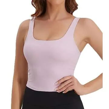 Gauagbr Crop Tank Tops for Women Buttery Soft Workout Tank Tops Built in Bra Square Neck Longline Sports Bra (Pink Peony,XS)