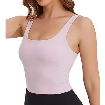 Gauagbr Crop Tank Tops for Women Buttery Soft Workout Tank Tops Built in Bra Square Neck Longline Sports Bra (Pink Peony,XS)