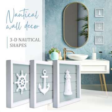 TideAndTales 3D Nautical Wall Decor (7"x7"), Coastal Theme Home Decorations with Anchor, Lighthouse ...