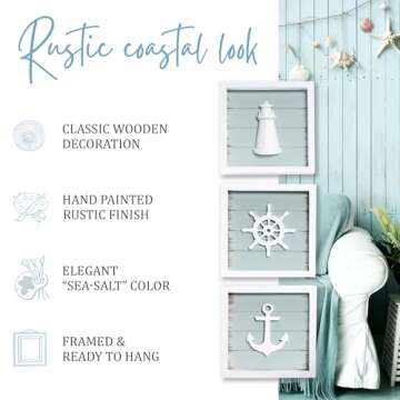 TideAndTales 3D Nautical Wall Decor (7"x7"), Coastal Theme Home Decorations with Anchor, Lighthouse and Ship Wheel, Rustic Ocean Inspired Bathroom Decor - Nautical Gifts - Framed Set of 3