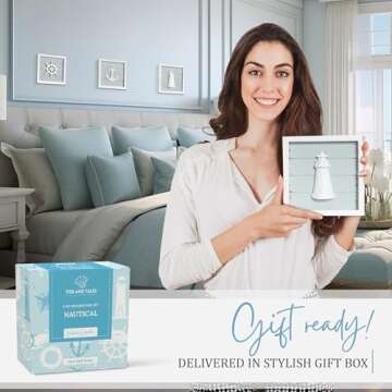 TideAndTales 3D Nautical Wall Decor (7"x7"), Coastal Theme Home Decorations with Anchor, Lighthouse and Ship Wheel, Rustic Ocean Inspired Bathroom Decor - Nautical Gifts - Framed Set of 3