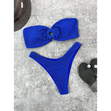 WDIRARA Royal Blue Strapless Bikini Set O Ring Swimwear