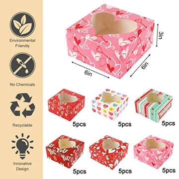 SUPERLELE Valentine's Day Bakery Cookie Boxes, 30 Packs with 6 Patterns Treat Boxes with Window Cupc...
