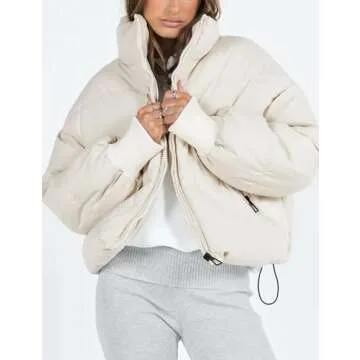 UANEO Women's Oversized Cropped Puffer Jacket - Chic Winter Coat (Beige-S)