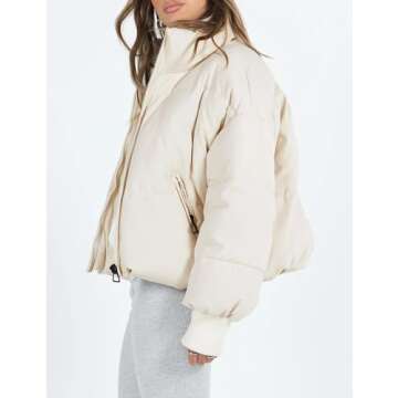 UANEO Puffer Jacket Womens Oversized Cropped Puffy Quilted Winter Jackets Coat (Beige-S)