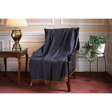 Premium Irish Cashmere & Merino Wool Blend Throw Blanket, 54" x 71 Inches, Soft Warm Feel, Imported from Ireland, Rich Classic Herringbone Pattern, Blue & Gold