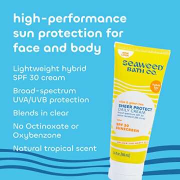 Seaweed Bath Co. Sheer Protect Daily SPF 30 Broad Spectrum Hybrid Sunscreen Cream, 3.4 Ounce, Sustainably Harvested Seaweed, Aloe, Green Tea