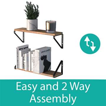 Wallniture Floating Shelves Bathroom Storage Wall Mount Home Decor Bedroom Kitchen Laundry Room Organizer with Black Brackets and Natural Burned Rustic Wood Shelves Set of 2