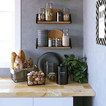 Wallniture Floating Shelves Bathroom Storage Wall Mount Home Decor Bedroom Kitchen Laundry Room Organizer with Black Brackets and Natural Burned Rustic Wood Shelves Set of 2