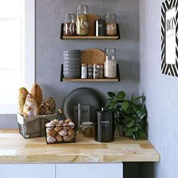 Wallniture Floating Shelves Bathroom Storage Wall Mount Home Decor Bedroom Kitchen Laundry Room Organizer with Black Brackets and Natural Burned Rustic Wood Shelves Set of 2