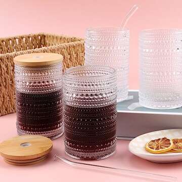 Vintage Drinking Glasses Set of 4 with Bamboo Lids, Textured Clear Striped Ribbed Glassware Set Cocktail Set Beaded Glass Cups Old Fashion Embossed Iced Coffee Cup for Beer, Cocktail, Beverage(16 oz)