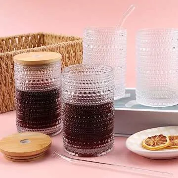 Vintage Drinking Glasses Set with Bamboo Lids - Elegant Design