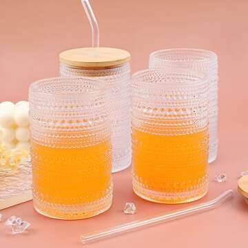Vintage Drinking Glasses Set of 4 with Bamboo Lids, Textured Clear Striped Ribbed Glassware Set Cocktail Set Beaded Glass Cups Old Fashion Embossed Iced Coffee Cup for Beer, Cocktail, Beverage(16 oz)