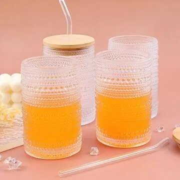 Vintage Drinking Glasses Set with Bamboo Lids - Elegant Design