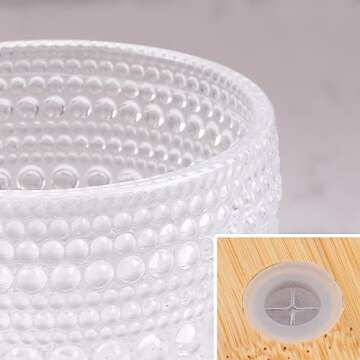 Vintage Drinking Glasses Set of 4 with Bamboo Lids, Textured Clear Striped Ribbed Glassware Set Cocktail Set Beaded Glass Cups Old Fashion Embossed Iced Coffee Cup for Beer, Cocktail, Beverage(16 oz)